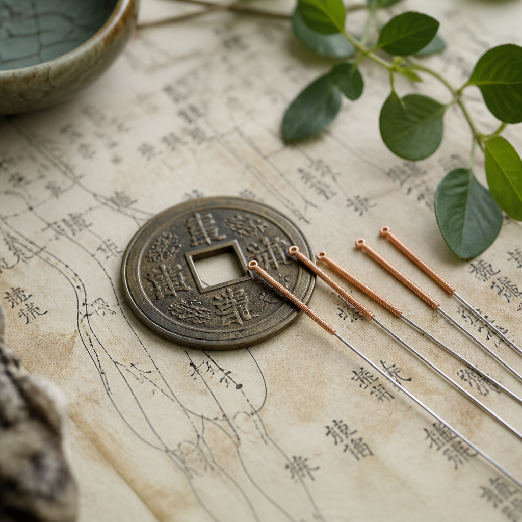 Akupunkturnadeln mit traditioneller chinesischer Münze auf einem Meridiankarten-Pergament