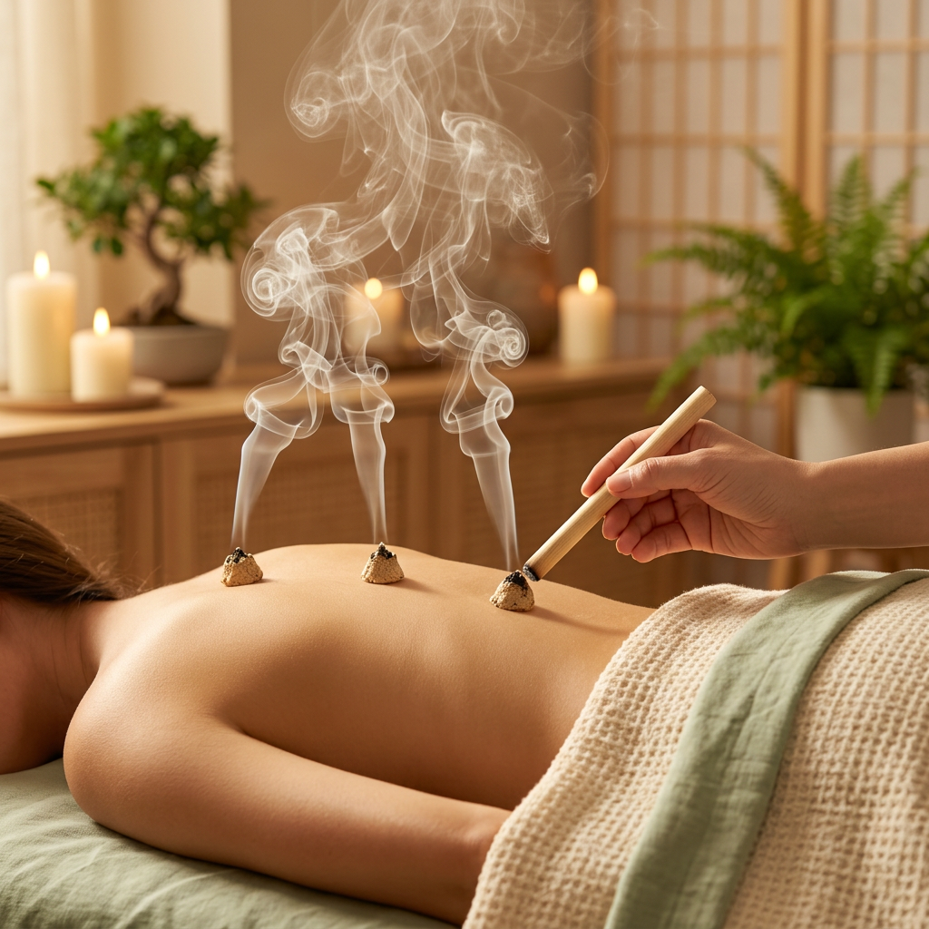 Moxibustion mit brennendem Moxakraut und aufsteigendem Rauch in warmem Praxisambiente