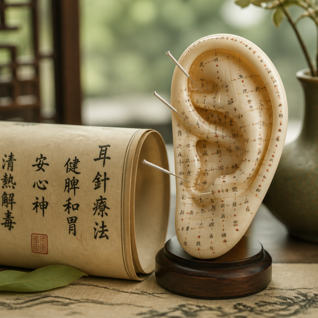 Anatomisches Ohrmodell mit Akupunkturpunkten und Nadeln neben einer chinesischen Kalligraphie-Schriftrolle