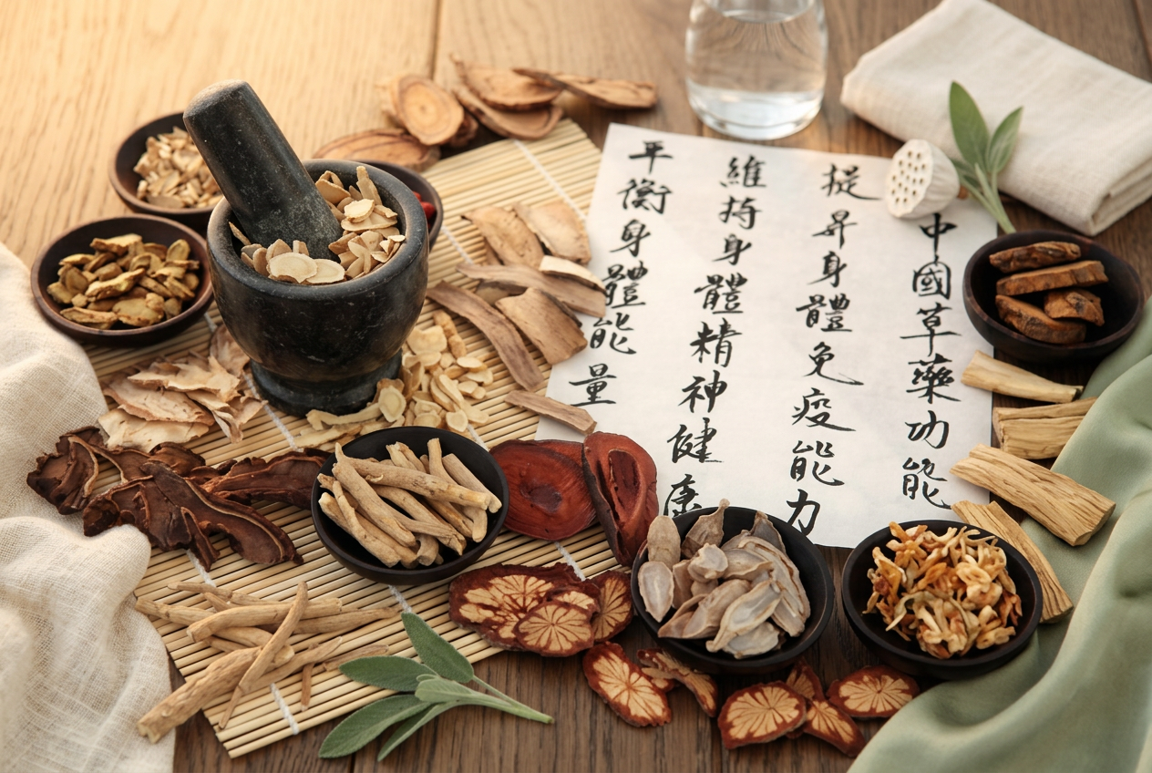 Chinesische Heilkräuter mit Mörser, Stössel und Kalligraphie-Schriftrolle in warmem Praxisambiente